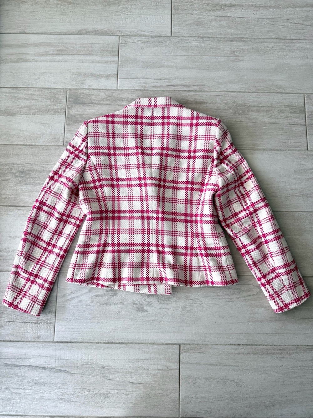 ZARA Pink & White Plaid Tweed Blazer + Matching Mini Skirt Set – Size L Like New - Picture 11 of 14